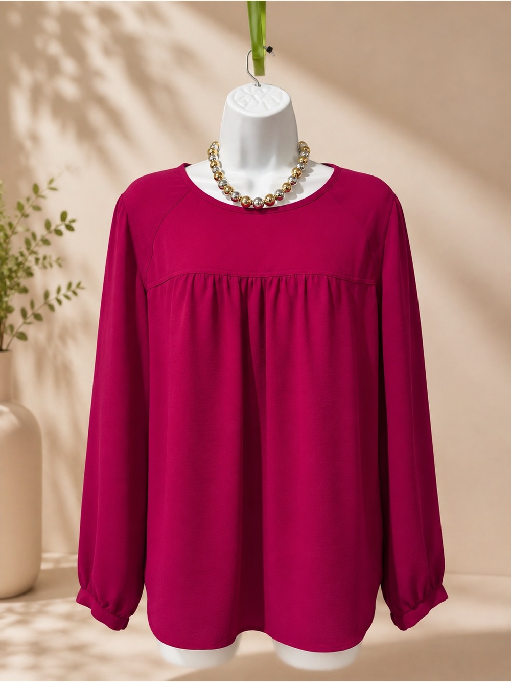 Rebecca Taylor Fuchsia Long-Sleeve Round-Neck Blouse